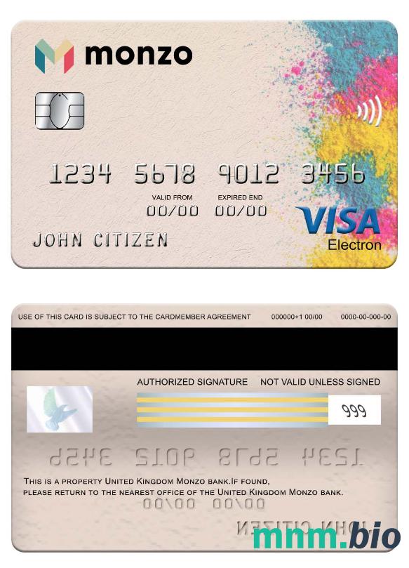 United Kingdom Monzo bank visa electron karta przykład w formacie PSD